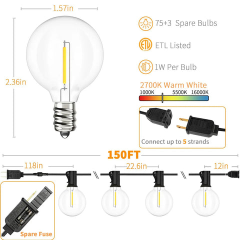 Diagram showing Outdoor String Lights 150 Ft with 75 Shatterproof G40 LED Bulbs, 2700K Warm White, and expandable connection details.