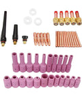 50 Pcs TIG Gas Lens Collet Body Kit For WP17 WP18 WP26 TIG Torch Welding Consumables Set shown with pink and copper components