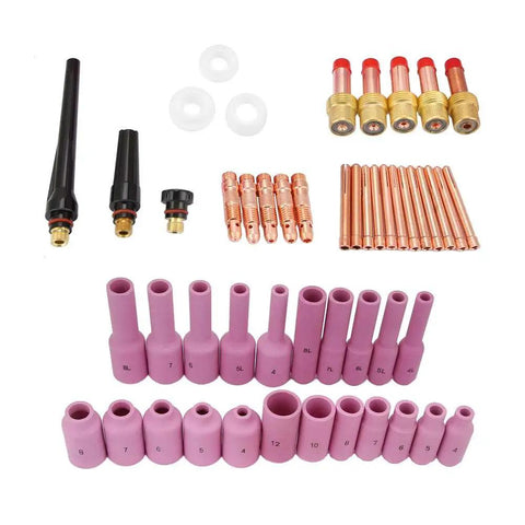50 Pcs TIG Gas Lens Collet Body Kit For WP17 WP18 WP26 TIG Torch Welding Consumables Set shown with pink and copper components
