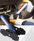 Brake Caliper Press Tool With 360 Degree Swing Ratchet Piston Spreader and 2 Extra Steel Plates in use on vehicle brakes