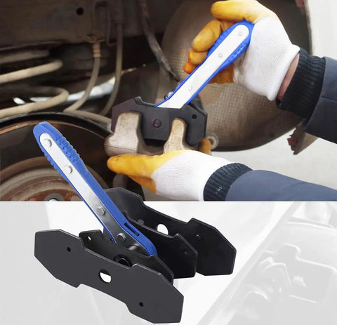 Brake Caliper Press Tool With 360 Degree Swing Ratchet Piston Spreader and 2 Extra Steel Plates in use on vehicle brakes