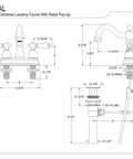 Diagram showing dimensions of 4 Inch Centerset Lavatory Faucet With Brass Pop Up Drain in Black Stainless Steel Deck Mount 3 Hole Installation