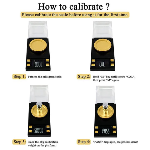Milligram Scale 50g Capacity Digital Precision Scale 0.001g Readout Non Stick Powder Pan calibration process steps