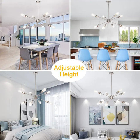 Dope Contemporary Sputnik Chandelier 8 Light Brushed Nickel Pendant Lighting Mid Century Starburst Ceiling Fixture For Living Room Dining Room And Foyer Modern Home Decor in various room settings