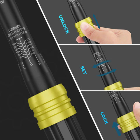 One Quarter Inch Click Torque Wrench For Bikes, 20-240 In-Lb And 2.3-27.1 Nm, showing adjustment and locking mechanism