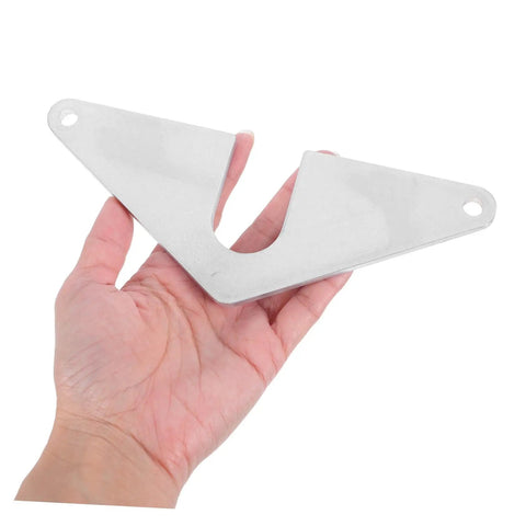 Hand holding a metal Faucet Mounting Plate With Wall Mount Bracket For RVs Campers And Homes Durable Rustproof Clamp