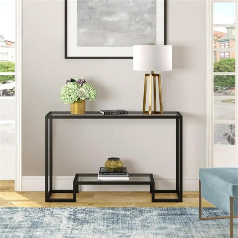 Tall Table Lamp With Brass Finish And White Drum Fabric Shade, 24.5 Inch Tall on console table in modern living room