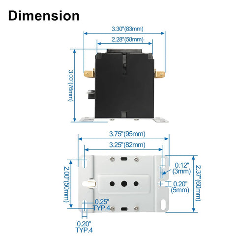Dimensions of 3 Pole 24V AC 40A Heavy Duty HVAC Contactor for Condenser and Compressor Replacement UL Listed with measurements