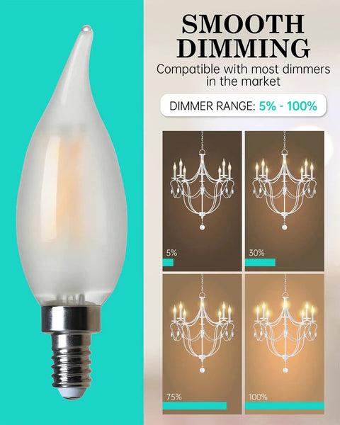 Frosted LED Candelabra Bulb E12 Small Base 60 Watt Equivalent 2700K Soft White CA10 Candle Dimmable Chandelier Light