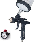 Pro Setup 1.3Mm Pneumatic Spray Gun For Rolling Out Dope Automotive Topcoats And Heavy Duty Furniture Varnish With A Slick Water Based Green Primer Finish showing gun with attached cup and pressure regulator.