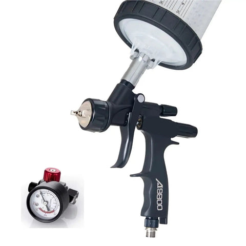 Pro Setup 1.3Mm Pneumatic Spray Gun For Rolling Out Dope Automotive Topcoats And Heavy Duty Furniture Varnish With A Slick Water Based Green Primer Finish showing gun with attached cup and pressure regulator.