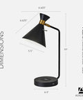 All-in-One Desk Lamp With Qi Wireless Charging Pad And USB Port, Adjustable Shade, Matte Black And Brass Finish, Slim 19 Inch Tall Task Light For Home Office, Dorm, Bedroom, Reading Nook. Features dimensions with 6.5'' base, 6.6'' shade, 19'' height.