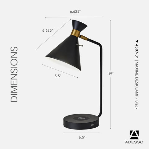 All-in-One Desk Lamp With Qi Wireless Charging Pad And USB Port, Adjustable Shade, Matte Black And Brass Finish, Slim 19 Inch Tall Task Light For Home Office, Dorm, Bedroom, Reading Nook. Features dimensions with 6.5'' base, 6.6'' shade, 19'' height.