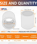 Diagram showing dimensions of 9 Piece 1 Inch Gray PVC Pipe Couplings Connectors Socket To Socket For PVC Fittings, SCH40.