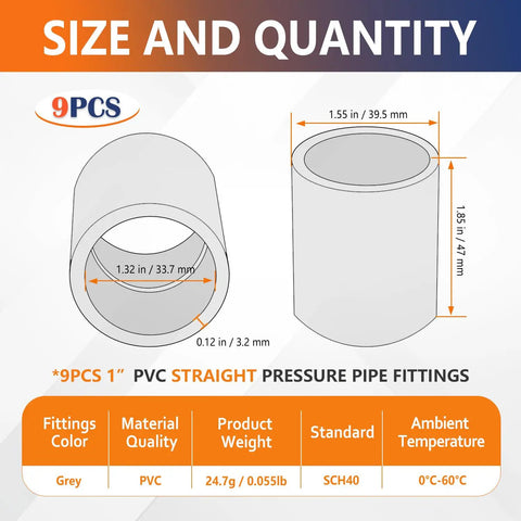 Diagram showing dimensions of 9 Piece 1 Inch Gray PVC Pipe Couplings Connectors Socket To Socket For PVC Fittings, SCH40.