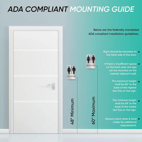 Mounting guide for Unisex Restroom Sign For Business With ADA Braille, 9x6 Inch Self Adhesive Door Or Wall Sign, installation height.