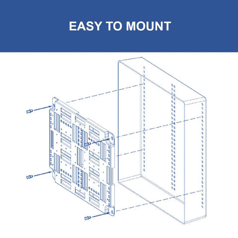 Illustration of Universal 10 Inch Mounting Plate for Structured Media Enclosures with Velcro Roll adjacent to wall cable organizer.