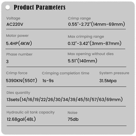 Product parameters chart for Built Tough Hydraulic Hose Crimper 220V 3 Phase 4 KW with specifications and details.