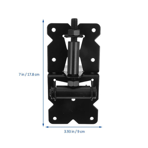 Heavy Duty Gate Hinges 2 Pack For Wooden Fences And Barn Doors Self Closing Outdoor Gate Hardware Tough As Nails Stainless Steel Or PVC Construction Ideal For Garden Gates Sheds Cabinets And Fence Gates 7 inches by 3.93 inches black hinge with mounting holes front view