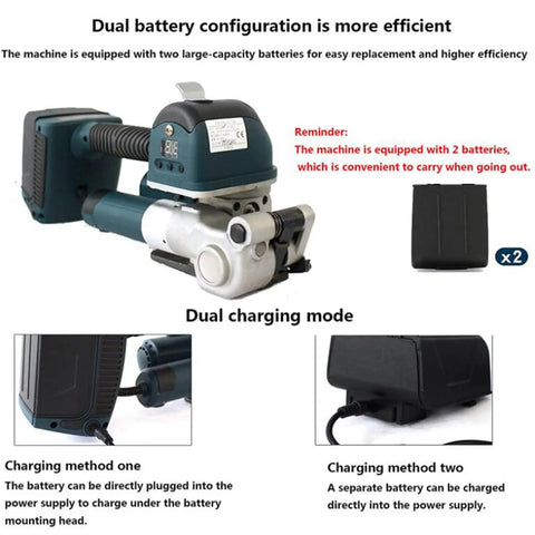 Heavy Duty Portable Electric Strapping Machine showing dual battery configuration and charging methods for warehouse boxing.