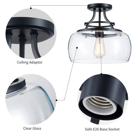 Rustic Farmhouse Industrial Round Ceiling Light Fixture With Clear Glass Shades LED Chandelier For Bathroom Kitchen Foyer And Entry Semi Flush Mount Black Finish E26 Base 11.8 Inches High By 13.4 Inches Wide Non Dimmable Edison Bulb
