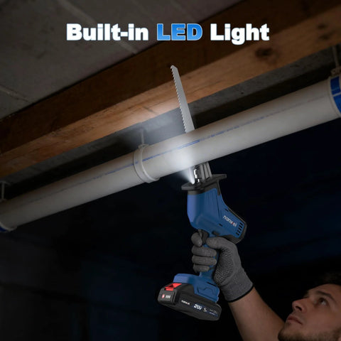 Cordless Reciprocating Saw With Powerful Brushless Motor, 20V, 3500 RPM cutting PVC pipe with built-in LED light
