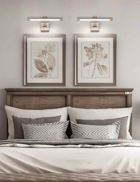 Bedroom with two LED Picture Lights With Swing Arm, 16.5 Inch Hardwired Dimmable Artwork Display Lamp over framed art