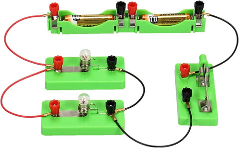Hands-On Series And Parallel AA Battery Box Kit With Switch Wires And Light Bulb For Simple Circuits, Physics Experiments, STEM Classroom Lab, Safe Electricity Education For Kids And Students; green plastic circuit kit with bulbs
