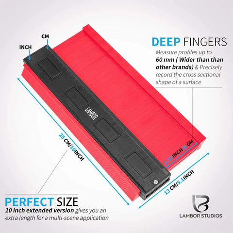Wide Contour Gauge 5 Inch And 10 Inch With Retractable Measuring Tape 3 Piece Plastic Copy Tool For Odd Shapes And Corners DIY Woodworking Tiles Templates For Kitchen Remodels And Home Projects Great For Making Exact Templates shown with red and black design and dimensions.