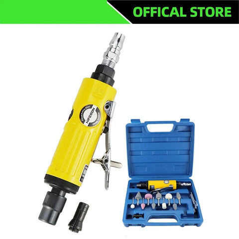 No Nonsense 25000 RPM Pneumatic Die Grinder in yellow with assorted grinding tools in blue case, perfect for precision milling and engraving.