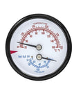 Dual Reading Pressure And Temperature Tridicator With Two And One Half Inch Dial One Quarter Inch NPT Connection Stem Two Point Nine Five Inch 0 To 75 PSI Range Black Steel Case And Bezel Bronze Internals Commercial Gauge For Industrial Use.