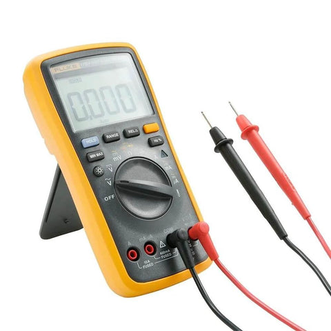 Fluke 17B+ Digital Multimeter for Electrical Applications, Measures AC/DC Voltage 1000V, Current 10A, resistance features shown.