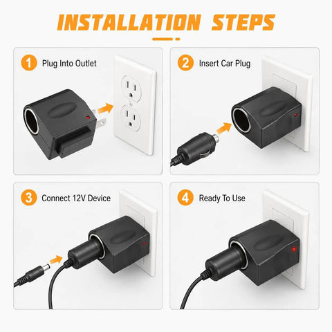 Installation steps for Pretty Slick AC To DC Car Adapter Turns Home Outlet Into 12V Cigarette Lighter Jack with LED beacon.