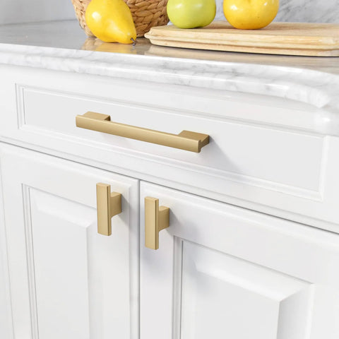 Ten Pack Brushed Gold Cabinet Knobs 2 Inch 50mm Single Hole Pulls For Kitchen Cabinets And Drawer Fronts ZH0026 installed on white cabinets