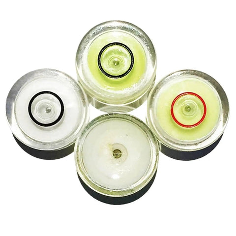 Close-up of 50PCS Plastic Circular Round Bubble Level Universal Bullseye Spirit Level in different colors.