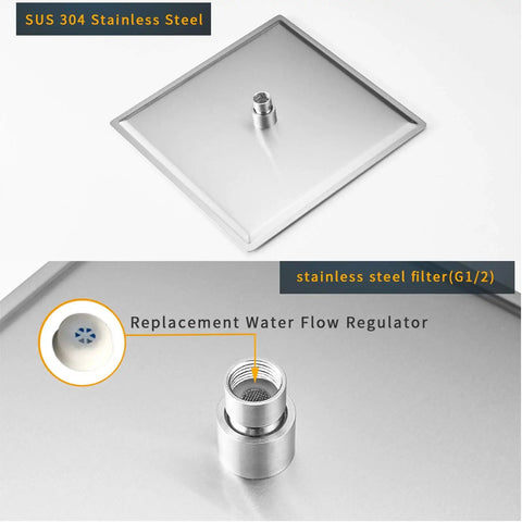 Sixteen Inch Square Rain Shower Head With High Pressure Waterfall Flow, Ultra Thin One Sixteenth Inch Stainless Steel Brushed Finish