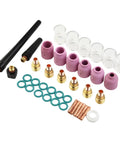 Ultimate 40-Piece TIG Welding Torch Collet And Gas Lens Kit With Heat-Resistant Ceramic Cups For WP9/20/25 Models, parts layout.