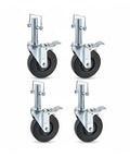 Heavy Duty 5 Inch Scaffolding Caster Wheels With Rock Solid Dual Locking Brakes And Bulletproof Steel Stems set on a white background.