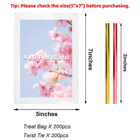 Clear Cellophane Treat Bags 5x7 Inches With 200 Twist Ties Red And Yellow for gift wrapping shown with dimensions.