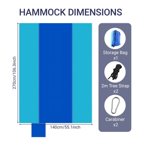 Diagram showing Ultra Lightweight Parachute Nylon Hammock With Tree Straps dimensions 270cm x 140cm, with accessories.