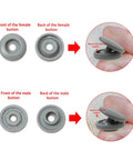 Plastic Snap Button Starter Kit With 60 Resin Snaps For Fabric, DIY Clothing Repairs, Bibs, Towels, Wallets, Diapers, Bags And Crafts 13mm No-Sew Snap Closures, Rust-Free, Machine Washable. gray resin snap front and back views with hand-pressed closure
