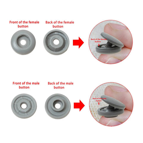 Plastic Snap Button Starter Kit With 60 Resin Snaps For Fabric, DIY Clothing Repairs, Bibs, Towels, Wallets, Diapers, Bags And Crafts 13mm No-Sew Snap Closures, Rust-Free, Machine Washable. gray resin snap front and back views with hand-pressed closure