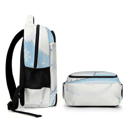 Side and top view of Snowflake Cub Printed Unisex Backpack With Large Capacity For School Work Or Travel, Dope Durable Polyester Daypack.