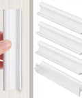 White Four Pack Self Adhesive Edge Finger Pull Door Handles Four And Three Quarter Inch for cabinets, shown on panel and separate display