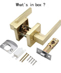 Six Piece Satin Brass Gold Door Handle Set With Passage Levers Without Lock For Interior Doors Built To Last Heavy Duty Levers For Hallways And Closets Adjustable Latch Two And Three Eighths Inches Or Two And Three Quarters Inches, components displayed incl. screws and latch