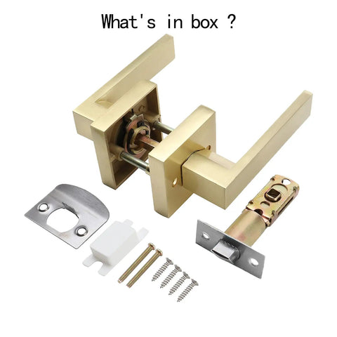 Six Piece Satin Brass Gold Door Handle Set With Passage Levers Without Lock For Interior Doors Built To Last Heavy Duty Levers For Hallways And Closets Adjustable Latch Two And Three Eighths Inches Or Two And Three Quarters Inches, components displayed incl. screws and latch