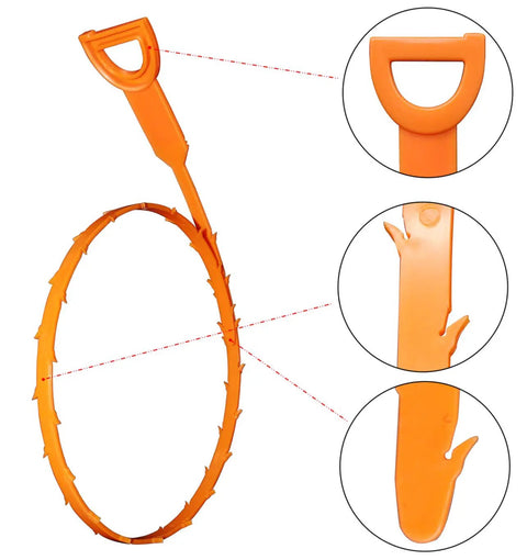Close-up of orange Drain Hair Snake Clog Remover Tool For Kitchen Sink Bathroom Tub Shower And Toilet Four Pack Twenty Inch
