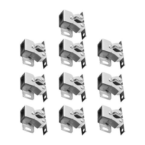 15 Piece Cabinet Latch Kit Featuring Double Roller Spring Ball Catch For Wardrobe Closet Cupboard Door With Smooth Automatic Locking Action And Easy Install Fit, showing ten silver latches.