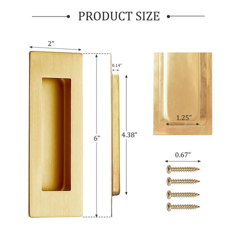 Product size and dimensions for Pocket Door Pull And Edge Pull Set Brushed Gold 6 Inch Handles Hardware Latch Recessed Finger Flush Pulls For Closet Sliding Barn Doors Durable Stainless Steel Construction Easy To Install.