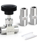 Front view of TAISHER stainless steel needle valve with black knob and 1/4 NPT connections; includes two 304 stainless adapters.